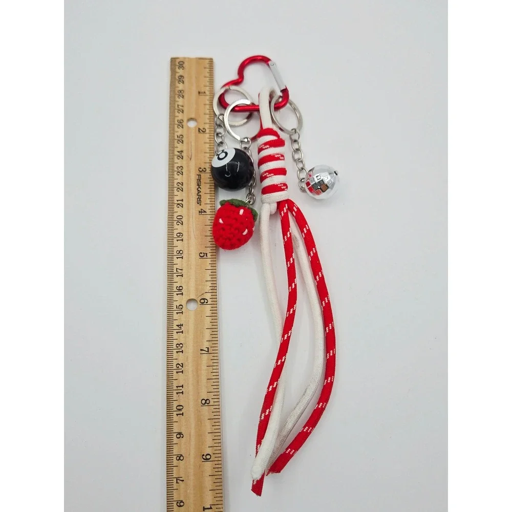 8 Ball Strawberry Disco Ball Heart Carabiner Bag Charm Keychain Red White